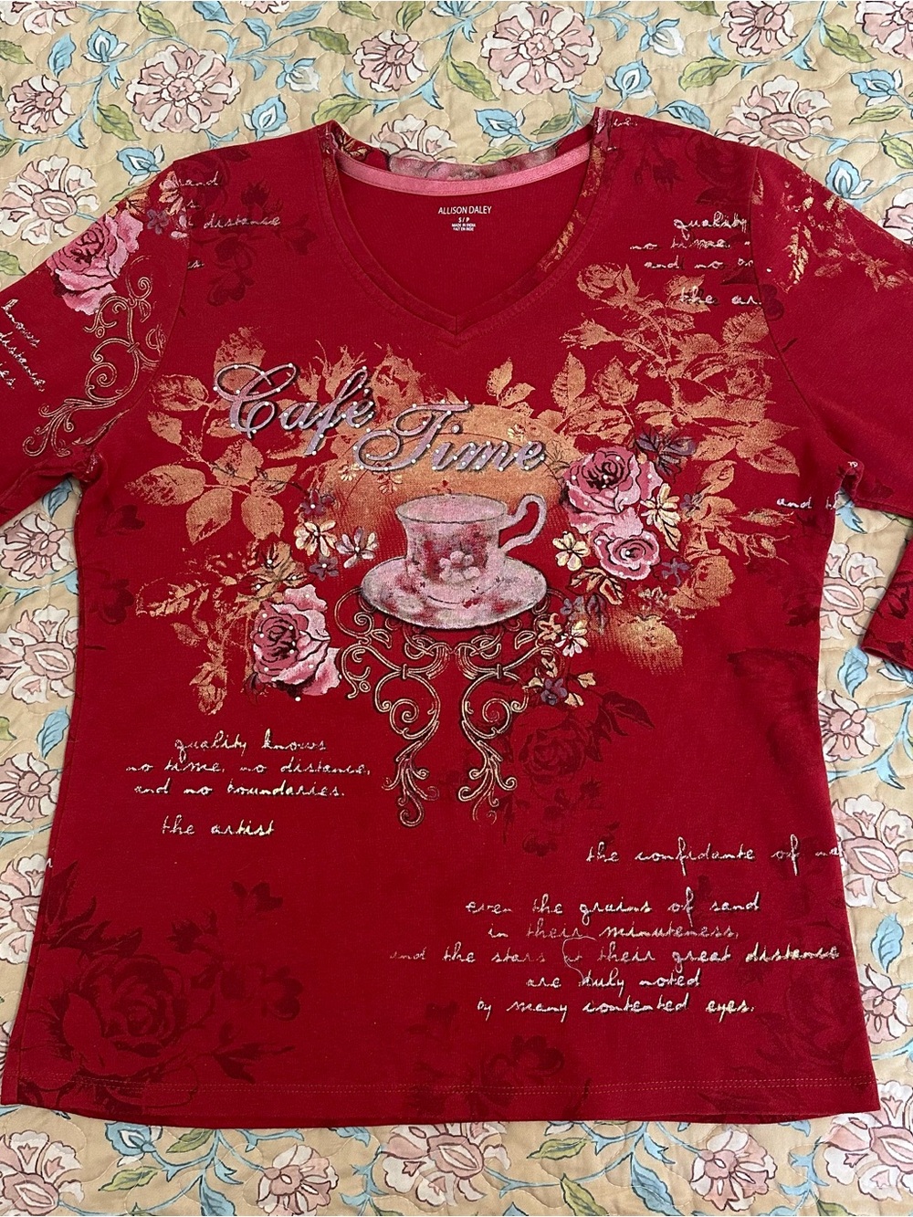 Vintage Allison Daley Red Floral Cafe Coffee Quarter-Sleeve Graphic Women’s Tee